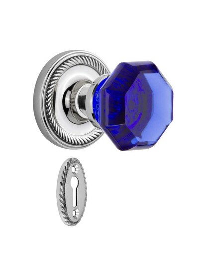 Rope Rosette Mortise Lock Set with Colored Waldorf Crystal Glass Knobs Cobalt Blue in Polished Chrome.